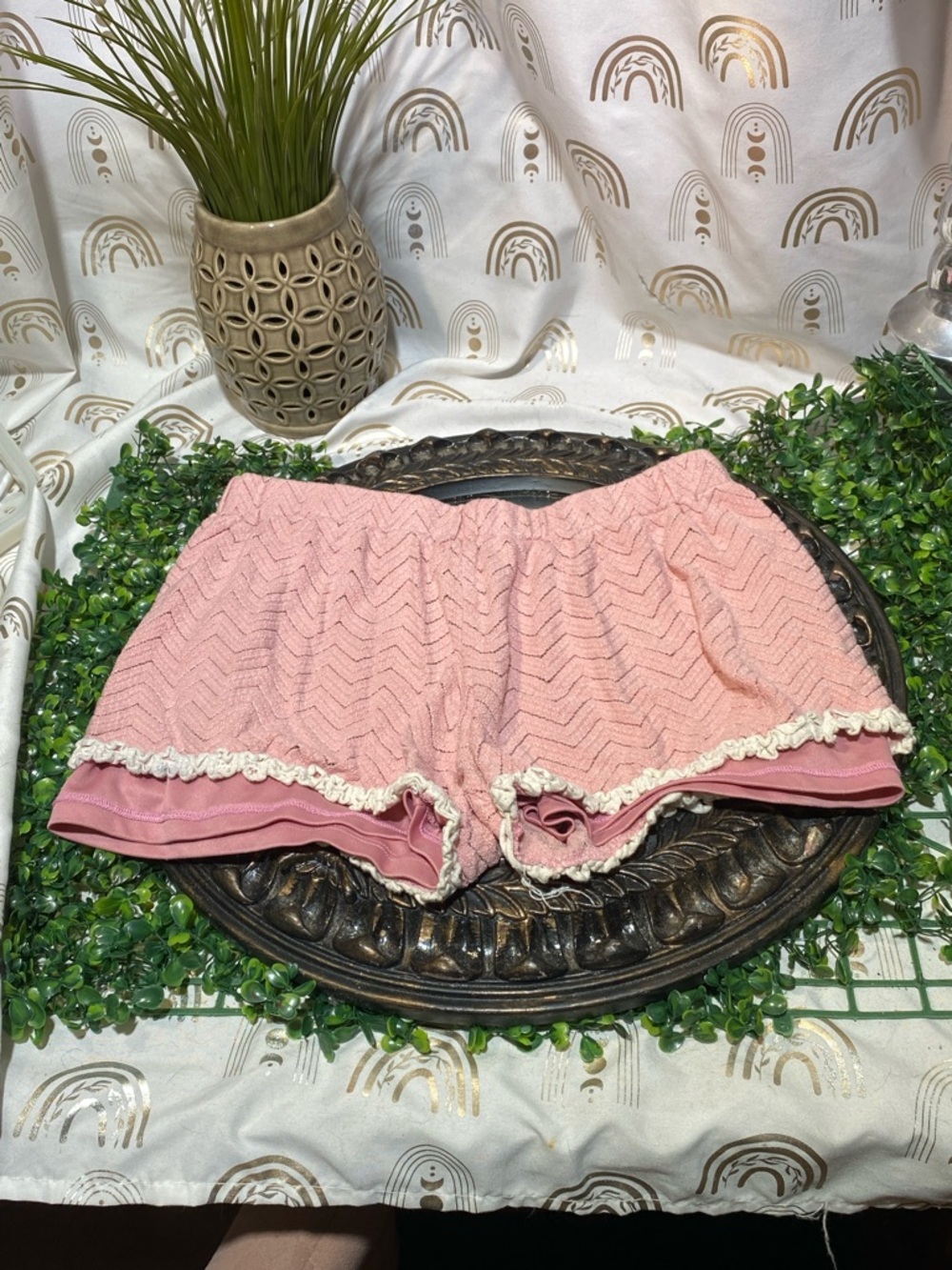 Blush Pink Chevron Lace-Trim Athletic Shorts